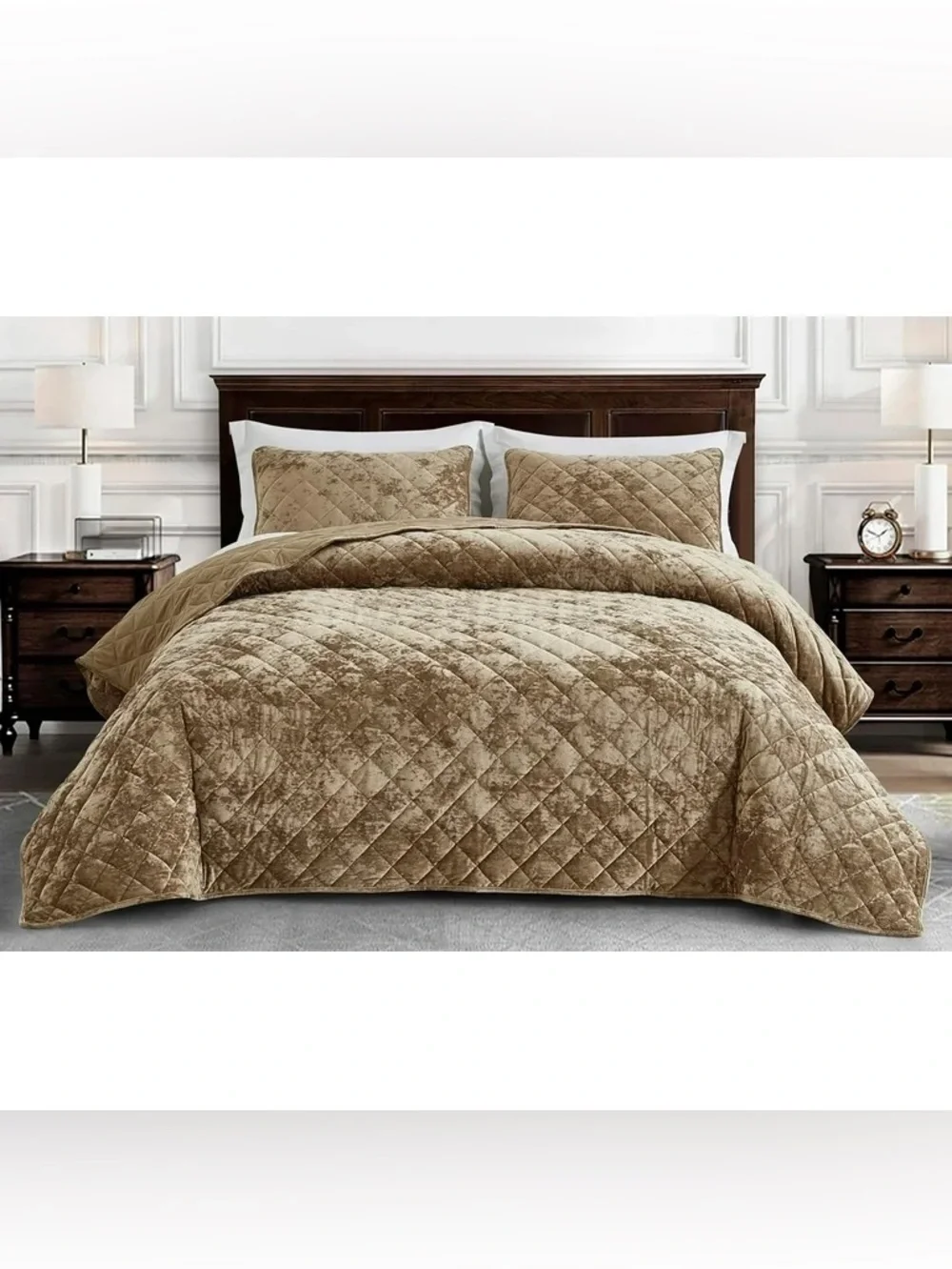 Plush queen 3 piece Quilted Velvet Bedspread Set - Taupe